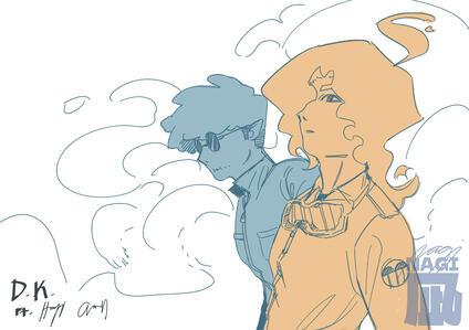 Two characters doing a cool pose, smoke is seen curling around behind them.