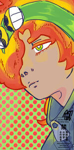 A character looking blankly in the distance, his hair is very bright since it is made of fire.