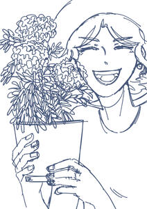 A drawing of a woman smiling brightly with marigolds being held by her.