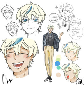 A drawing of a guy with blonde hair with a blue streak.