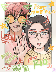 Characters Leon and Rio posing a goofy pose for a photo with doodles drawn on their picture.