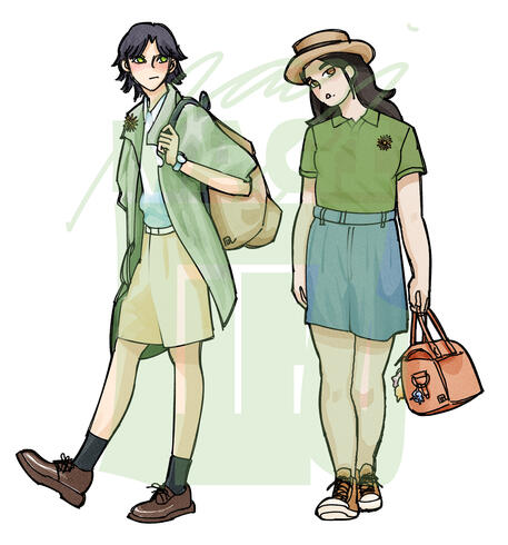 two characters posing, one is blushing looking at the girl beside him, the other doesn't notice and is looking somewhere else.